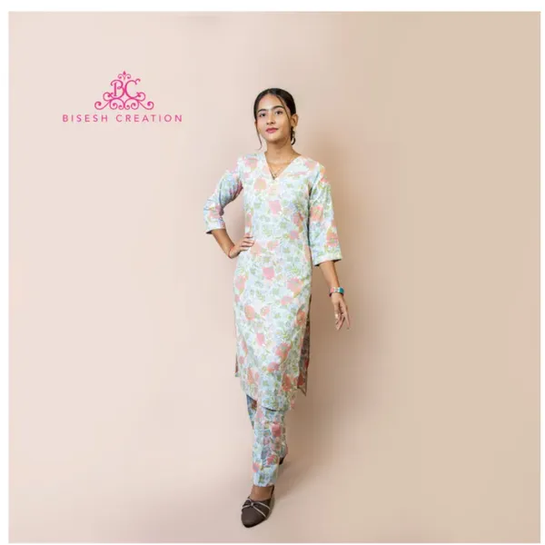 Bisesh Creation White V-Neck Floral Printed Straight Kurta Pant Co-ord Set For Women